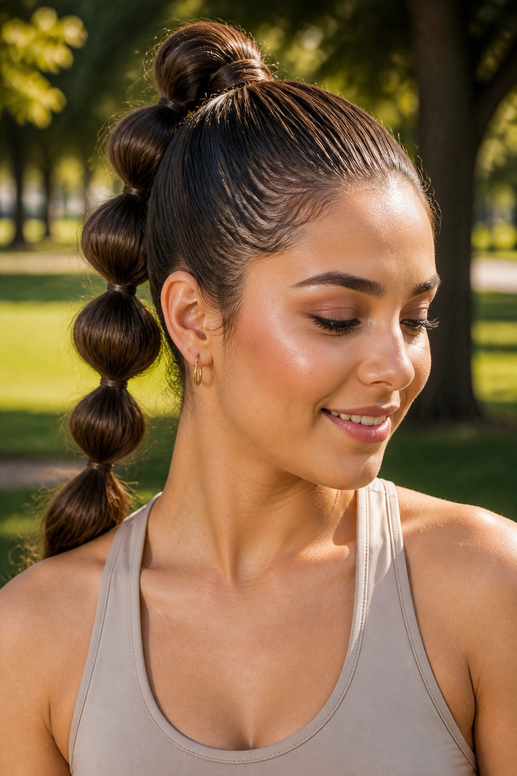 Close-up portrait of a real woman wearing a bubble ponytail starting at the crown in a sunny park.