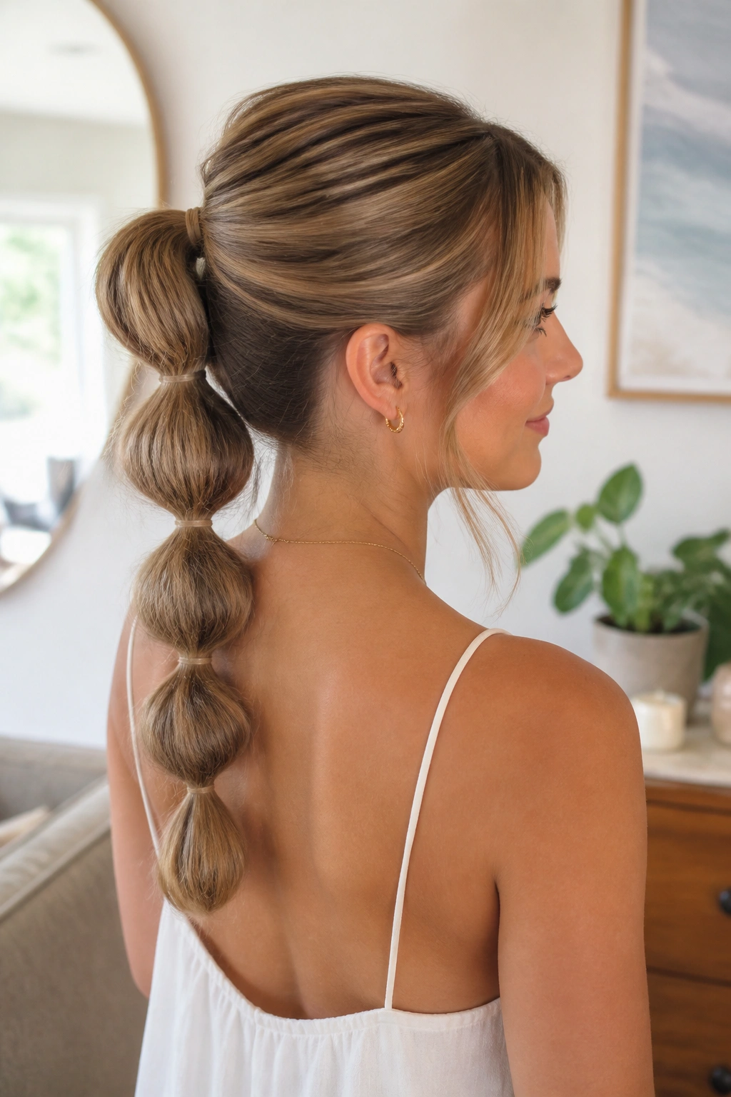 Three-quarter rear portrait of a real woman with bubble ponytail showing segmented sections.
