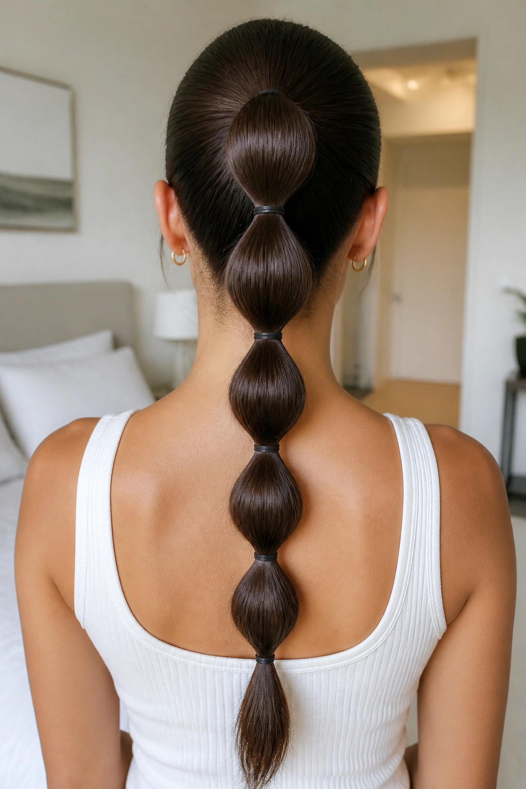 Back view of a real woman with a bubble ponytail.