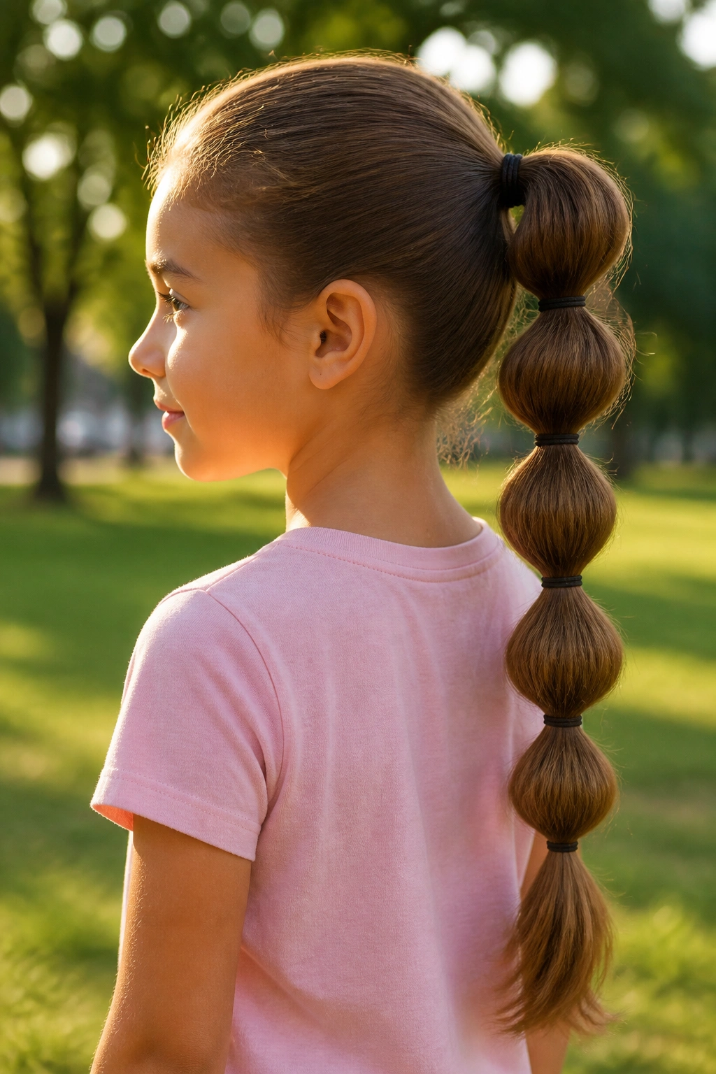 Real girl with a bubble ponytail outdoors during golden hour