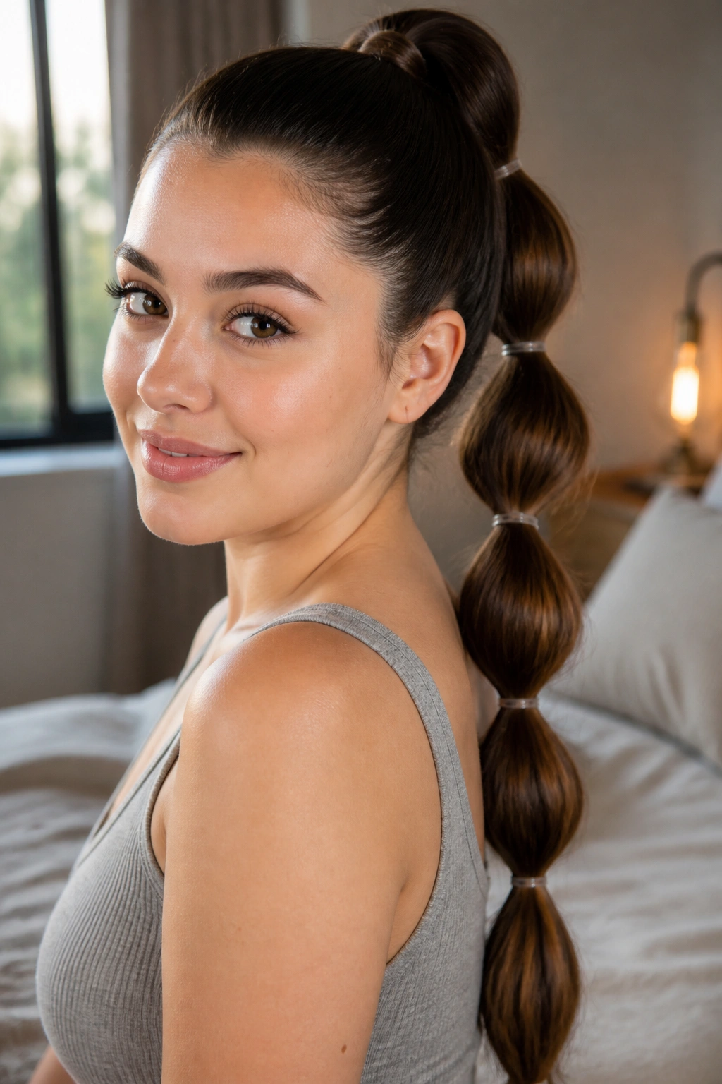 Close-up portrait of a real woman with a high bubble ponytail under soft natural light