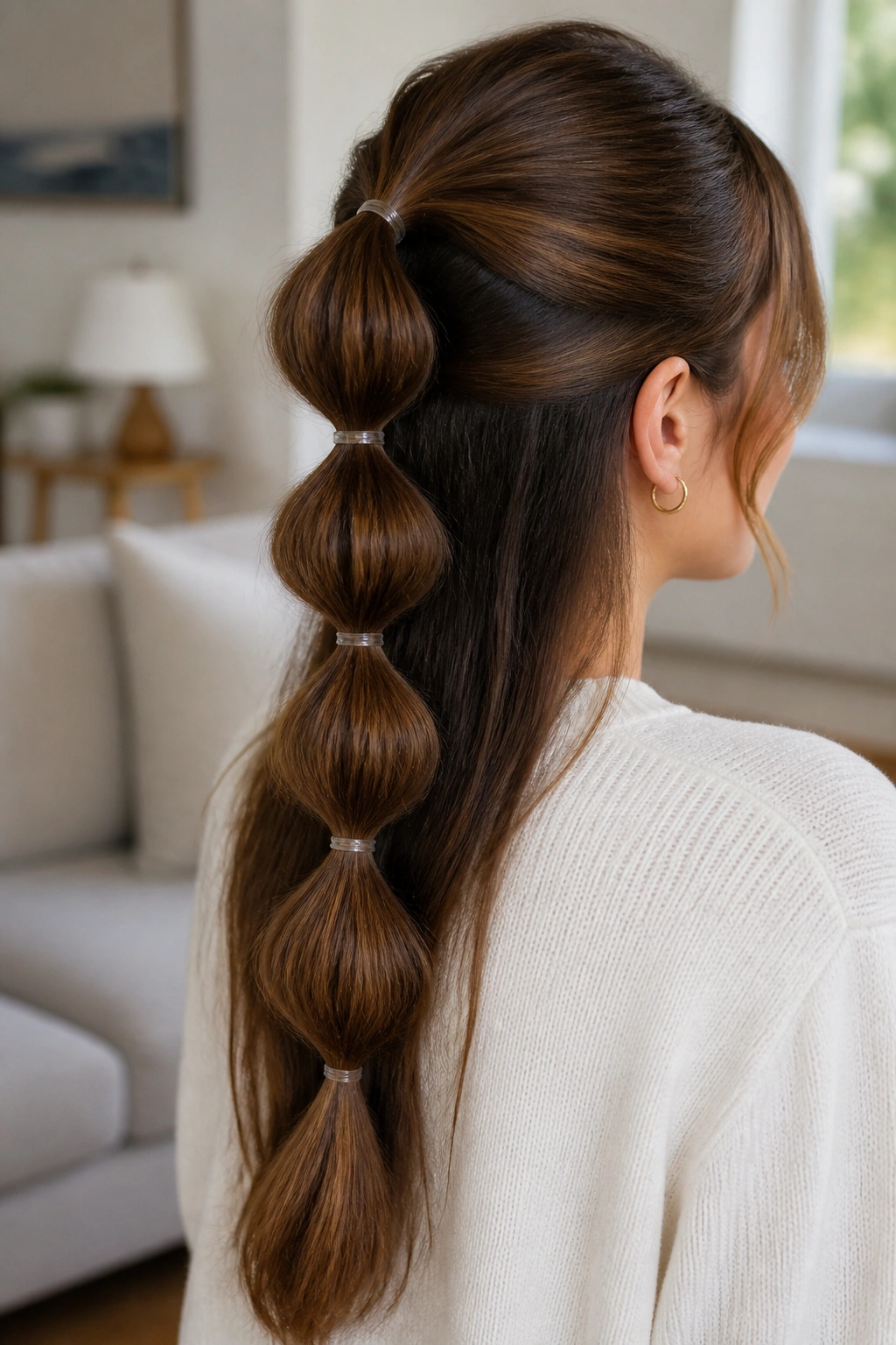Close-up of a real woman with a bubble half-up ponytail