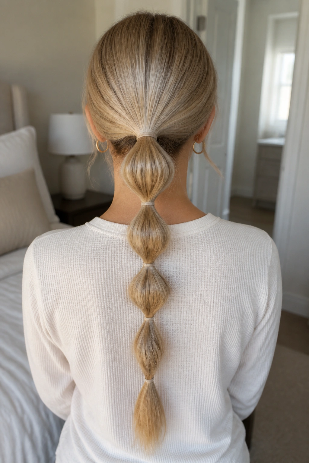 Back view of a woman’s head showing a low bubble ponytail