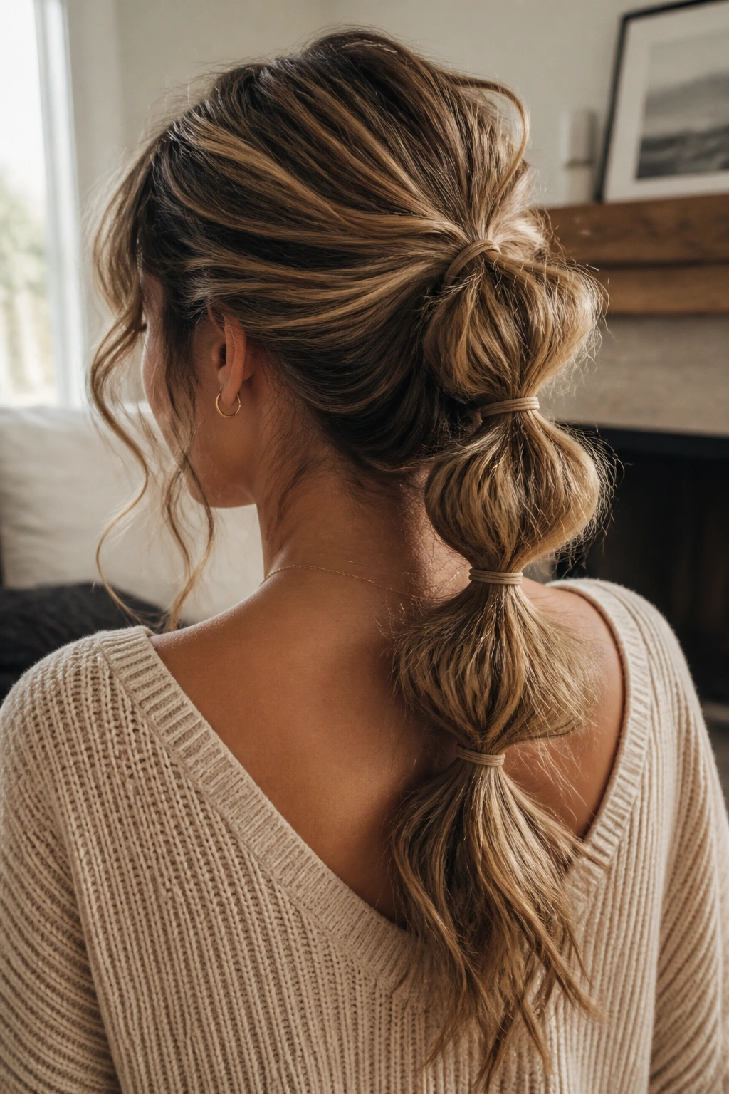 Close-up of bubble ponytail with loose pulls on a real person