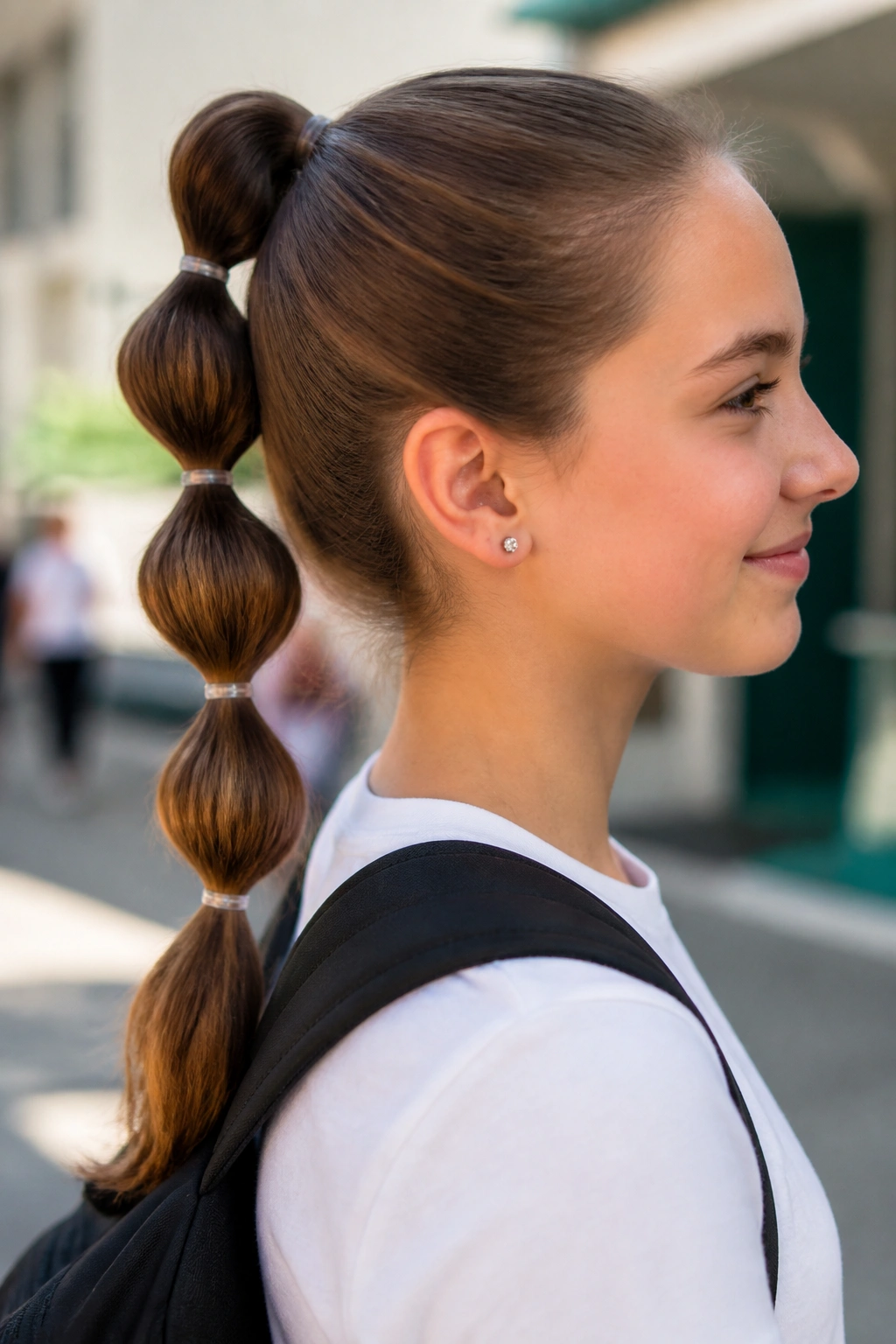 Close-up portrait of a real person with a bubble ponytail showing rounded bubble sections.