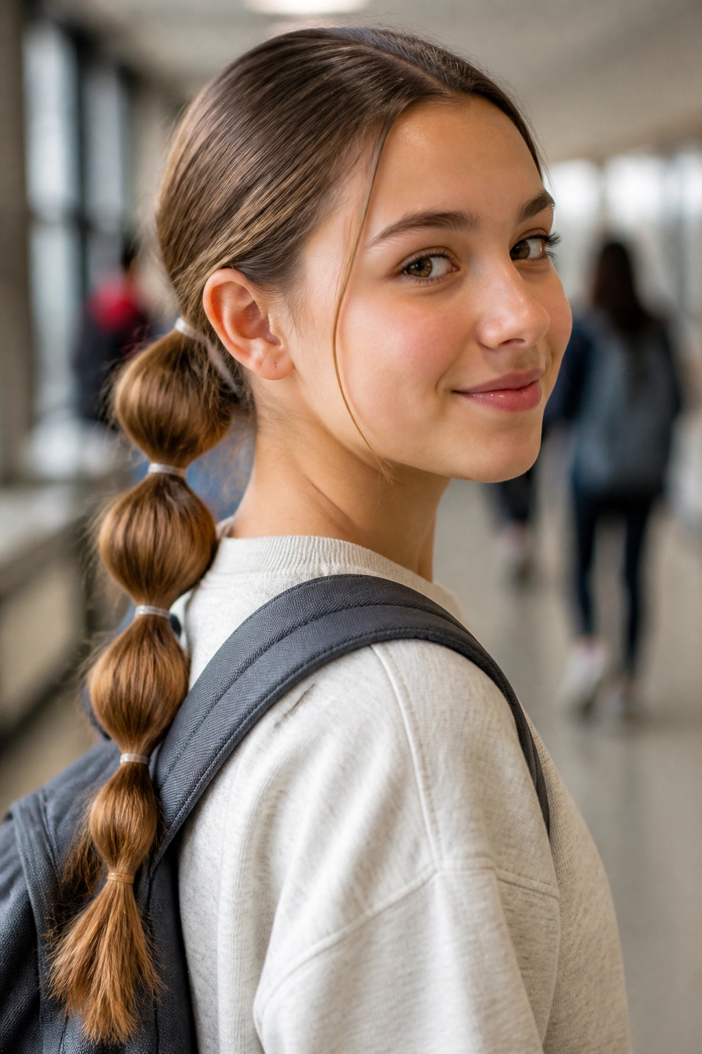 Student with a bubble ponytail in a school setting.
