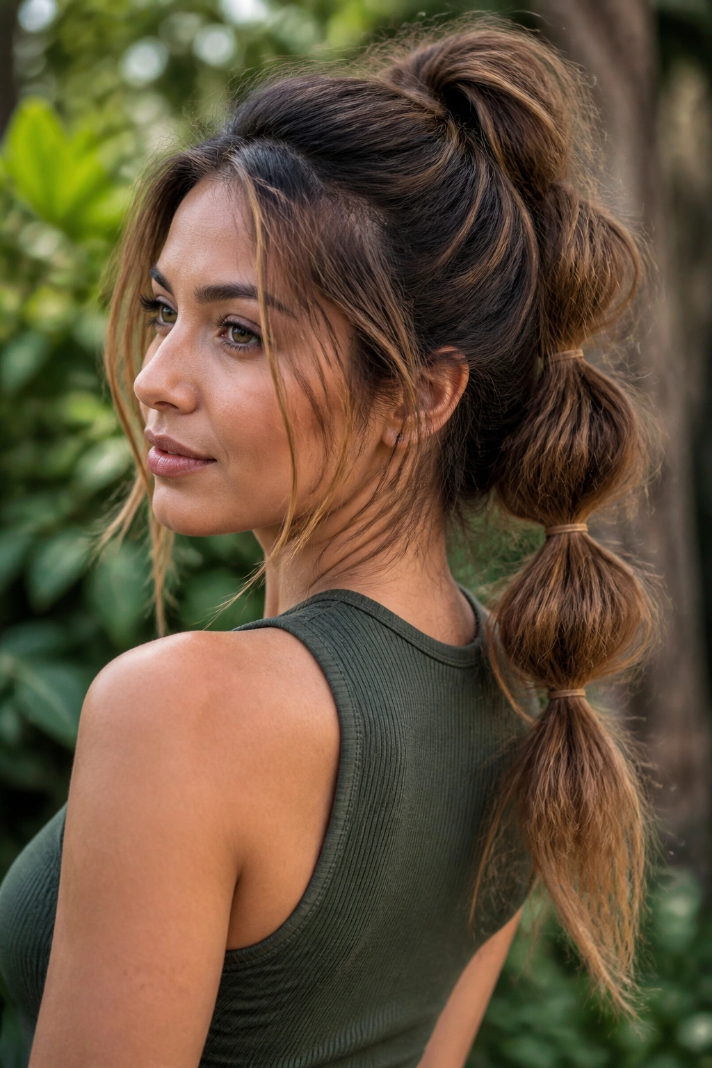 Close-up of a real person with a bubble ponytail and rough texture.