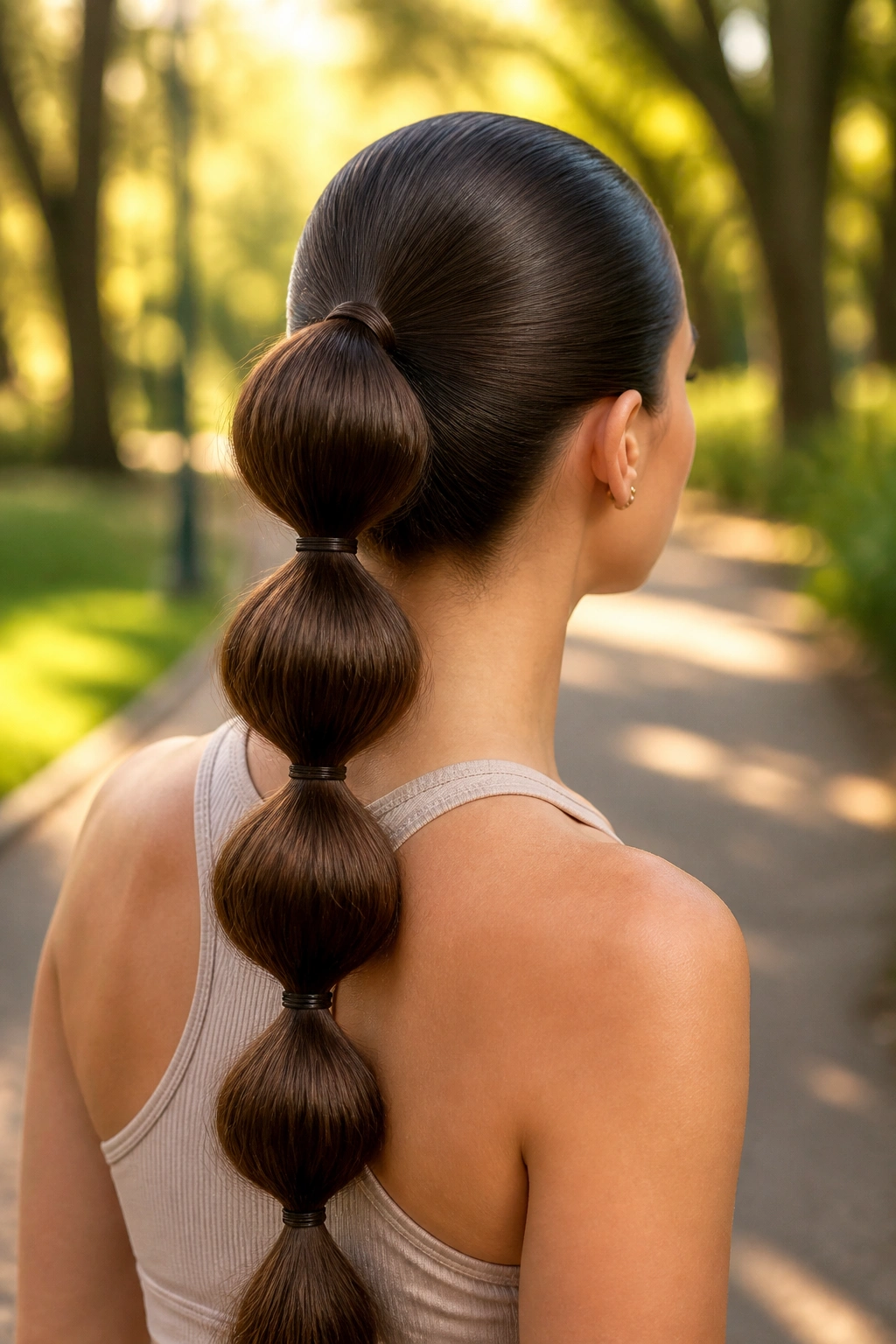 Back-of-head portrait of a real woman with a bubble ponytail and smooth crown.