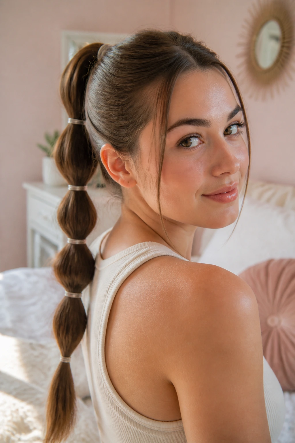 Close-up portrait of a real woman with a bubble ponytail on straight hair in natural bedroom light