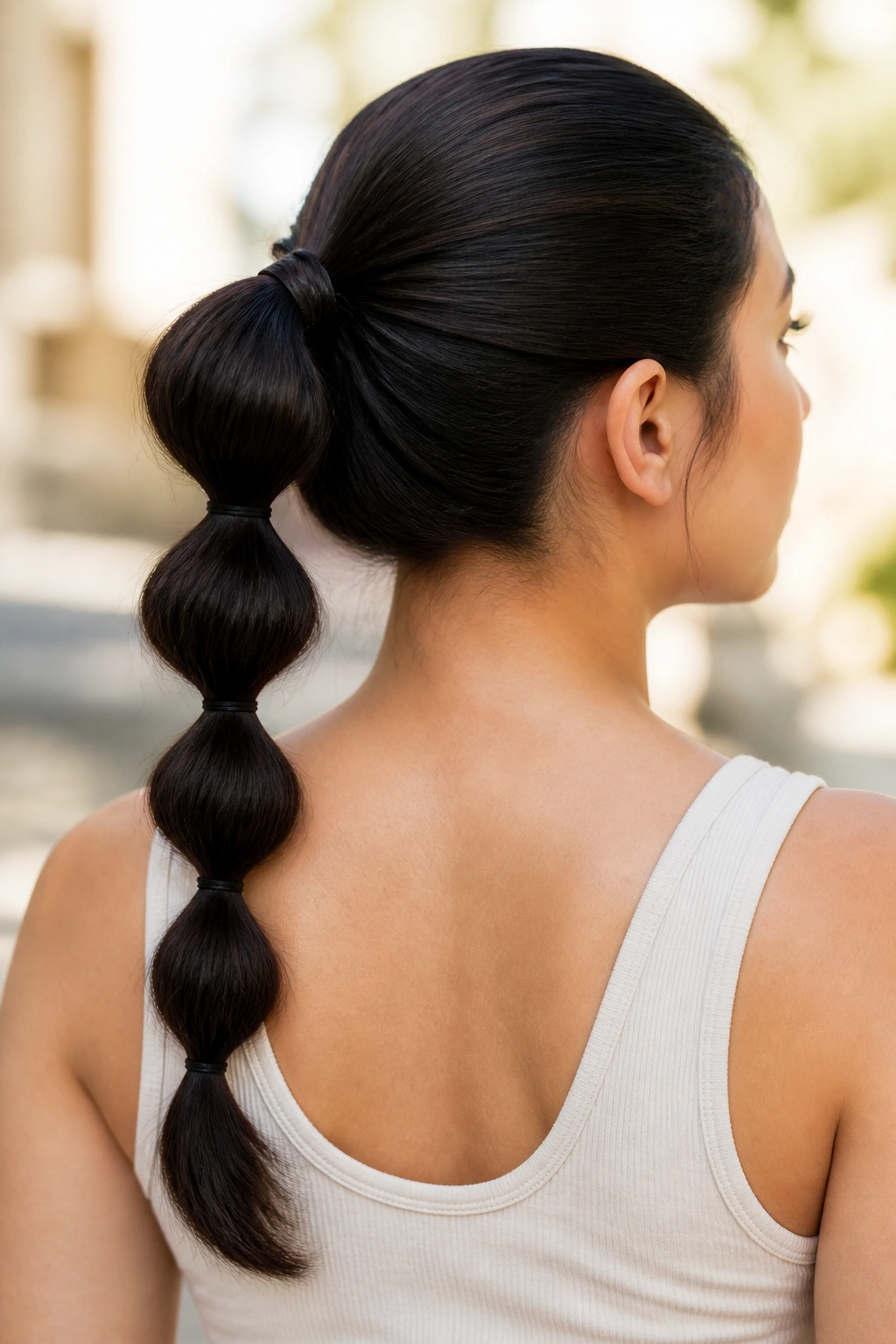 Back/side view of a woman with a bubble ponytail