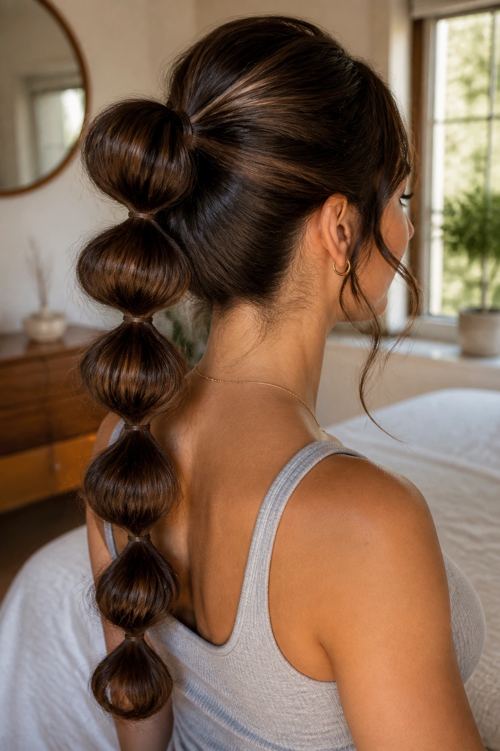 Close-up of a real woman with a bubble ponytail showing multiple bubble sections in thick hair