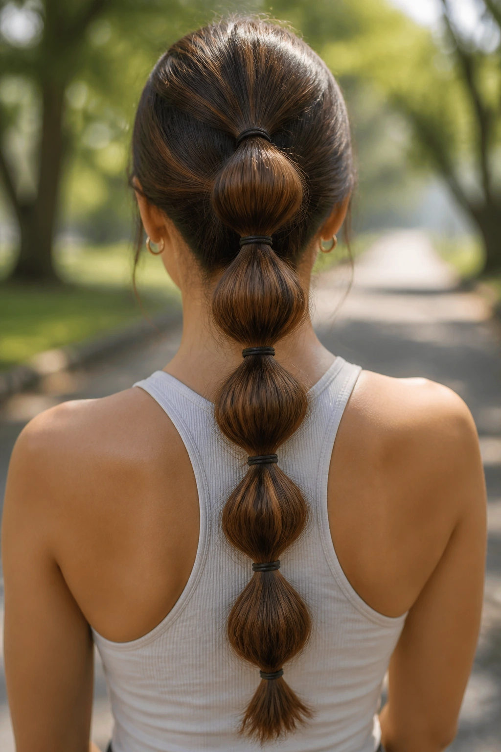Back view of a person with a bubble ponytail along the length in a sunny outdoor setting