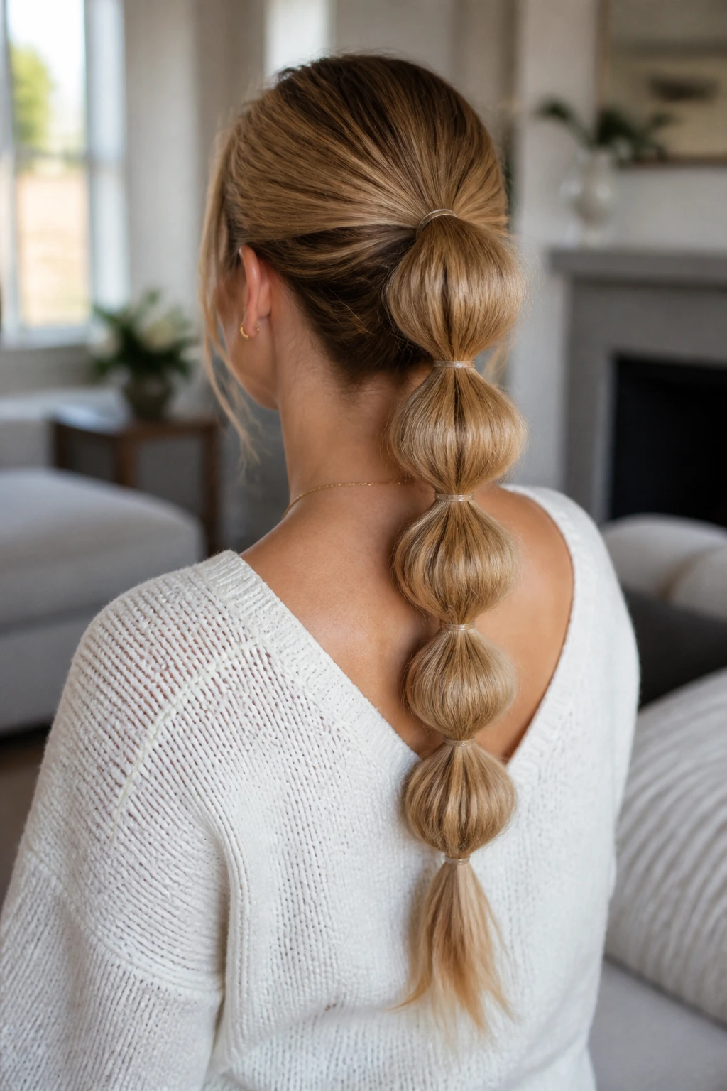 Back view of a real woman with a bubble ponytail showing multiple round sections.