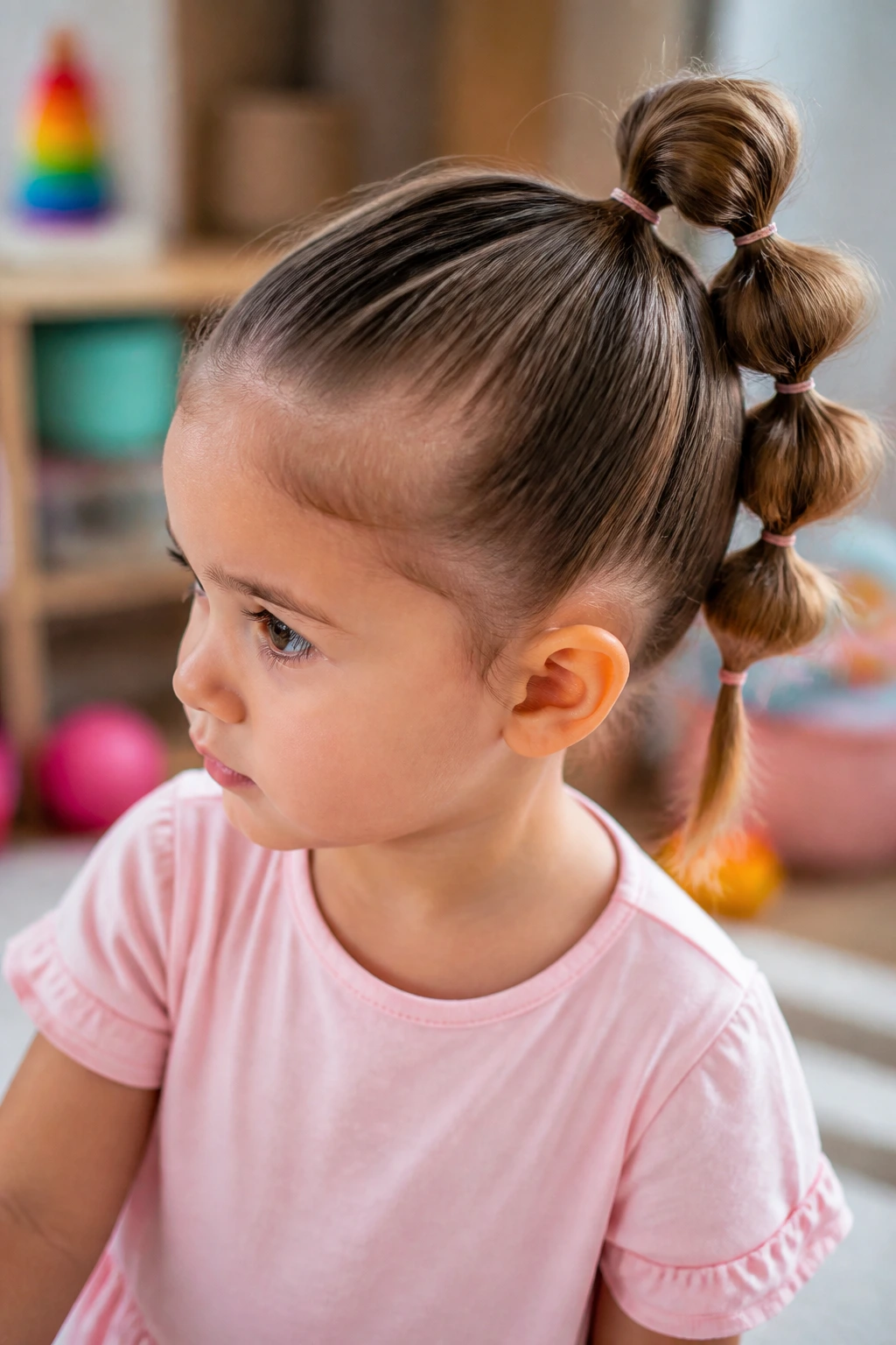 Close-up of toddler with bubble ponytail and small elastics