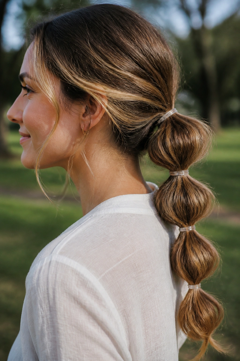 Profile view of a woman with a bubble ponytail featuring elastics along the length