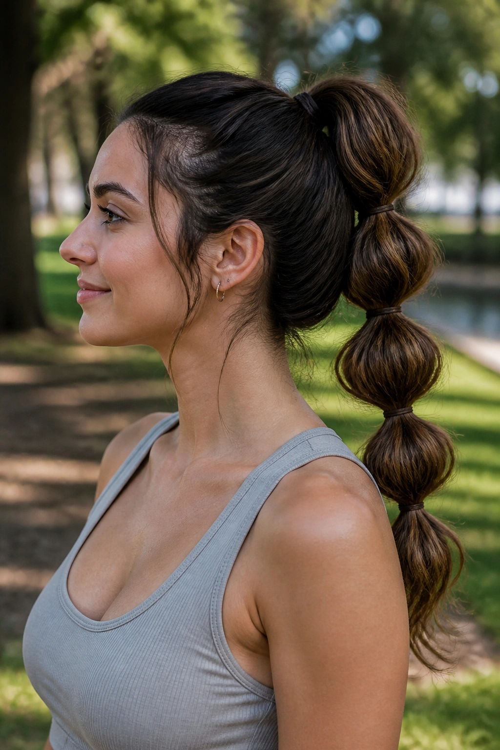 Real woman with bubble ponytail in a park setting