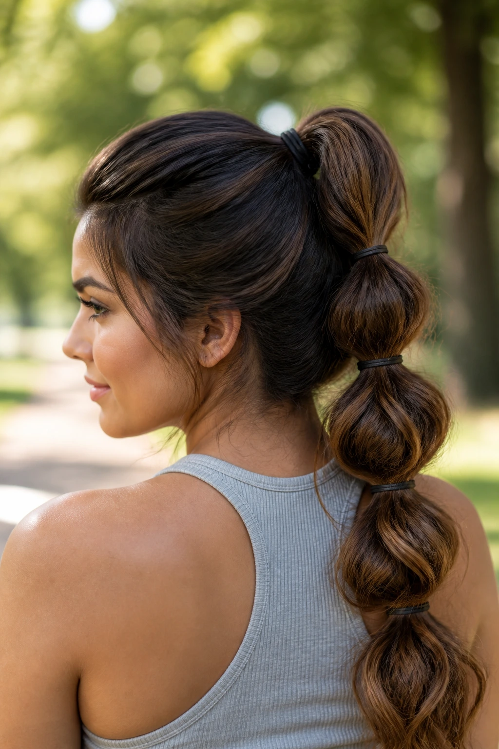 Close-up of a woman with bubble ponytail and soft waves