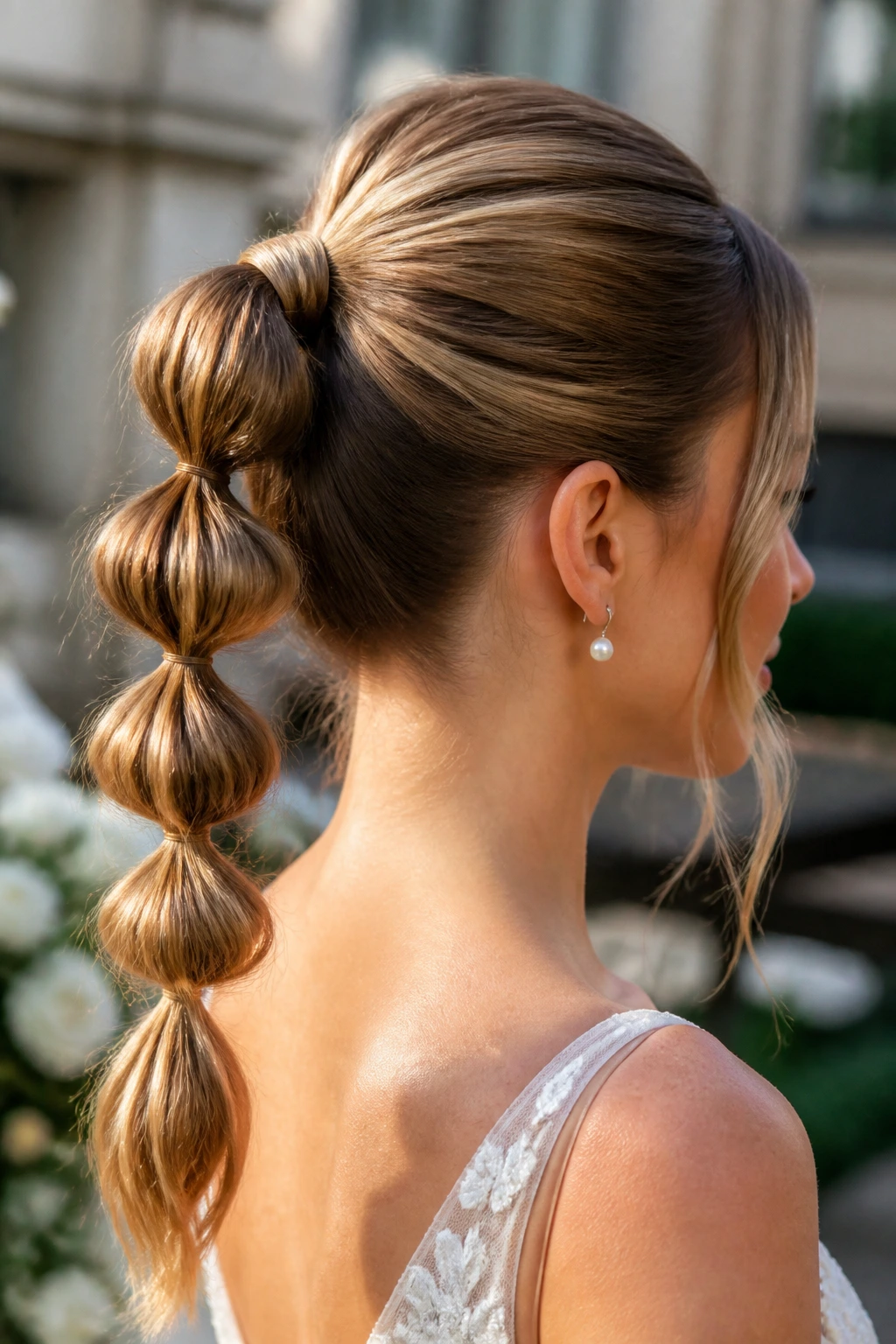 Back view of a bride with a bubble ponytail featuring rounded sections.
