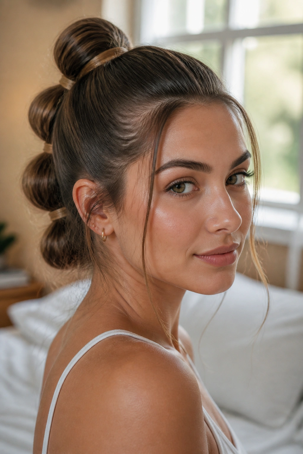 Close-up of a real woman with a bubble pony updo in a sunlit bedroom