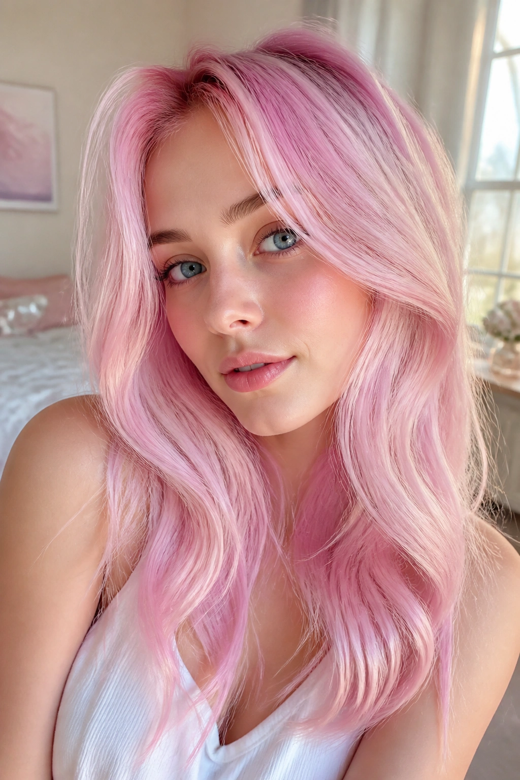 Close-up of a real woman with Bubblegum Ice Blonde hair in a pastel bedroom.