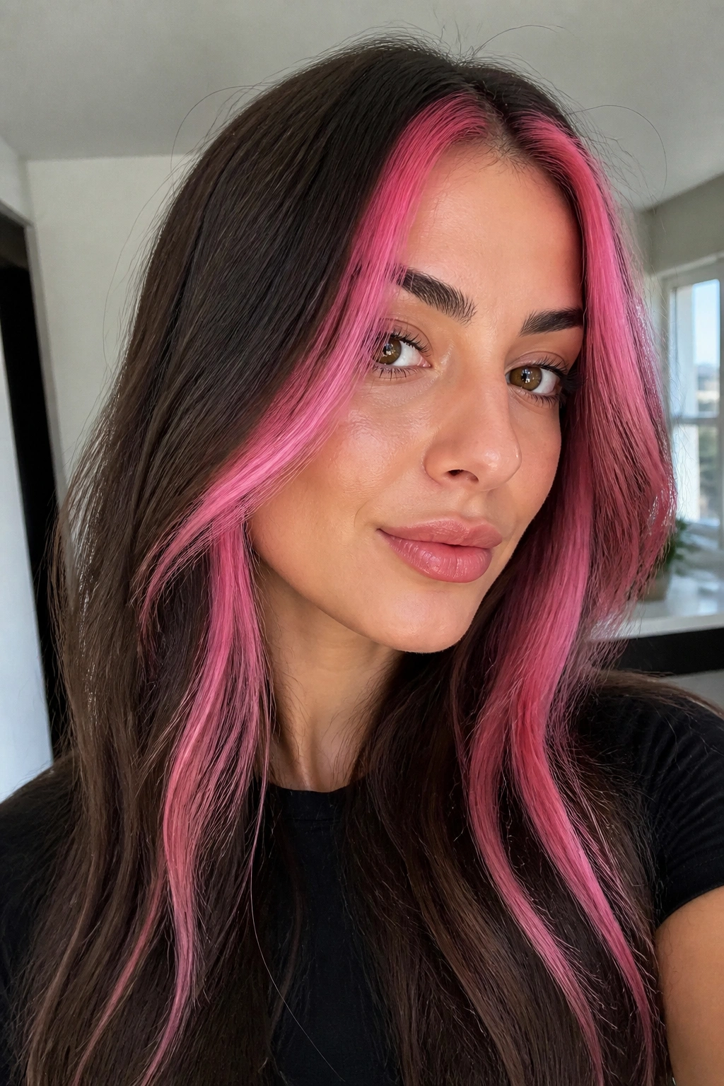 Close-up of dark brown hair with bright pink face-framing pieces on a real woman.