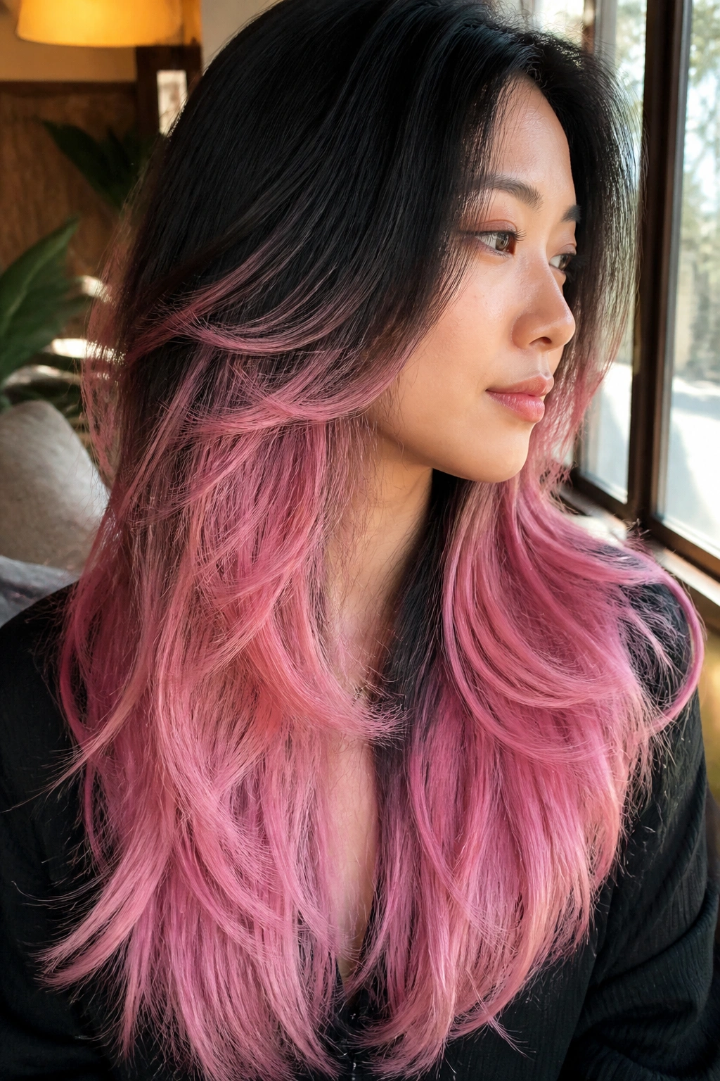 Close-up portrait of a real woman with long layered hair transitioning from black to bubblegum pink, natural window light.