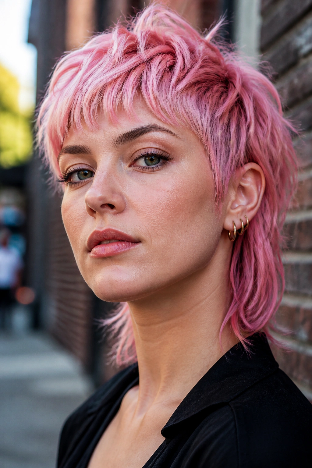 Close-up of a real woman with bubblegum pink mullet pixie on urban street