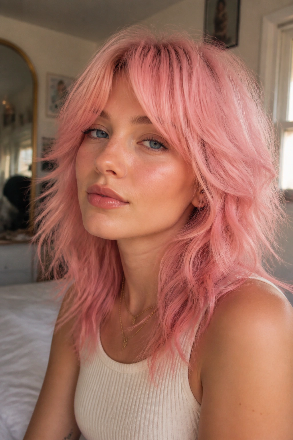 Close-up of a real woman with bubblegum pink shag and curtain bangs in a soft-lit bedroom