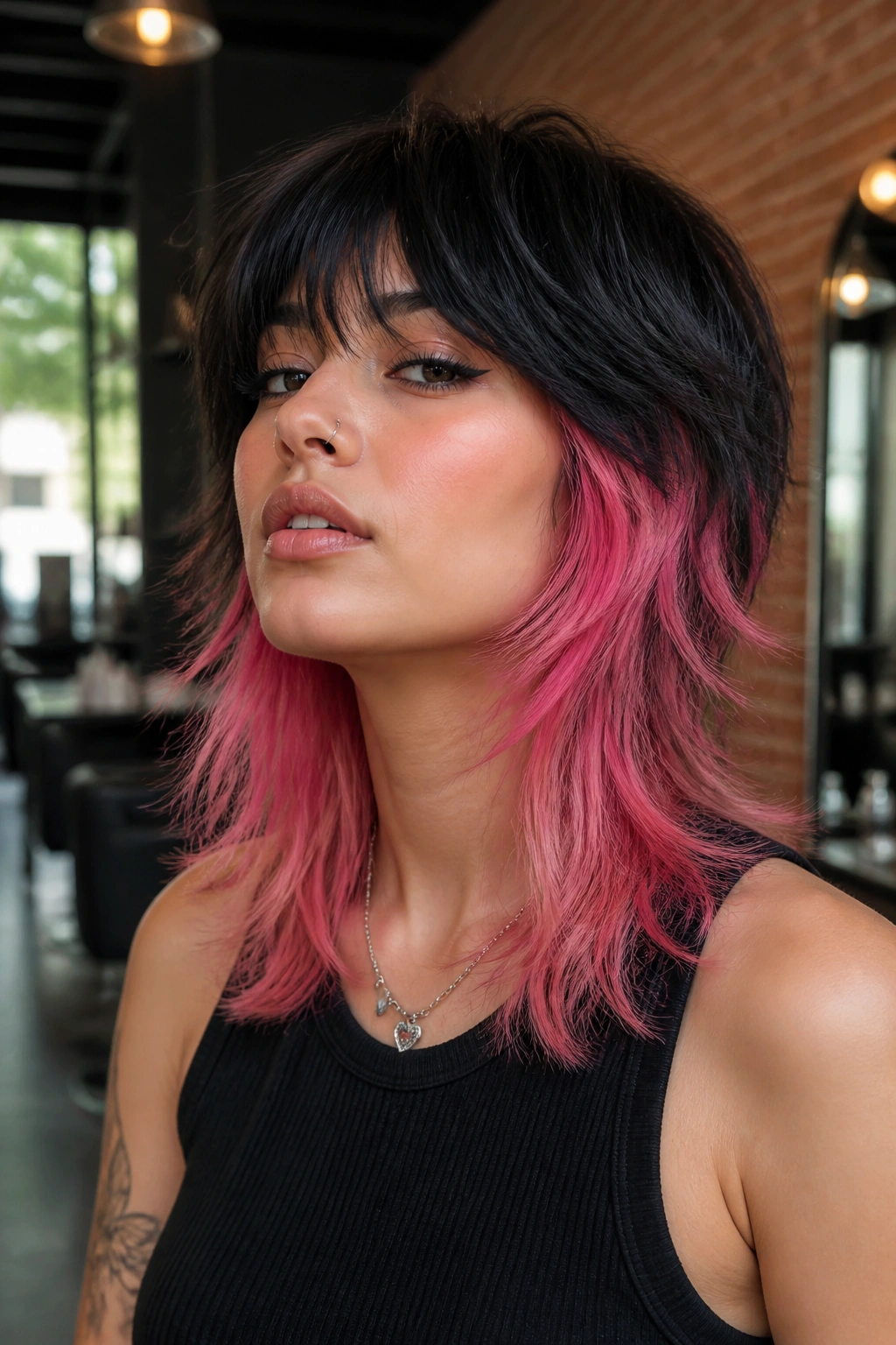 Medium-close portrait of a real person with a shag haircut and pink underlights.