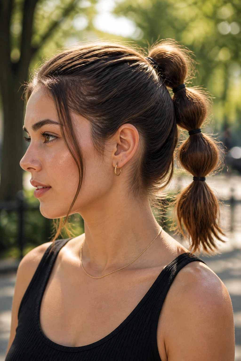 Close-up of a real woman with a bubble ponytail on shoulder-grazing hair.