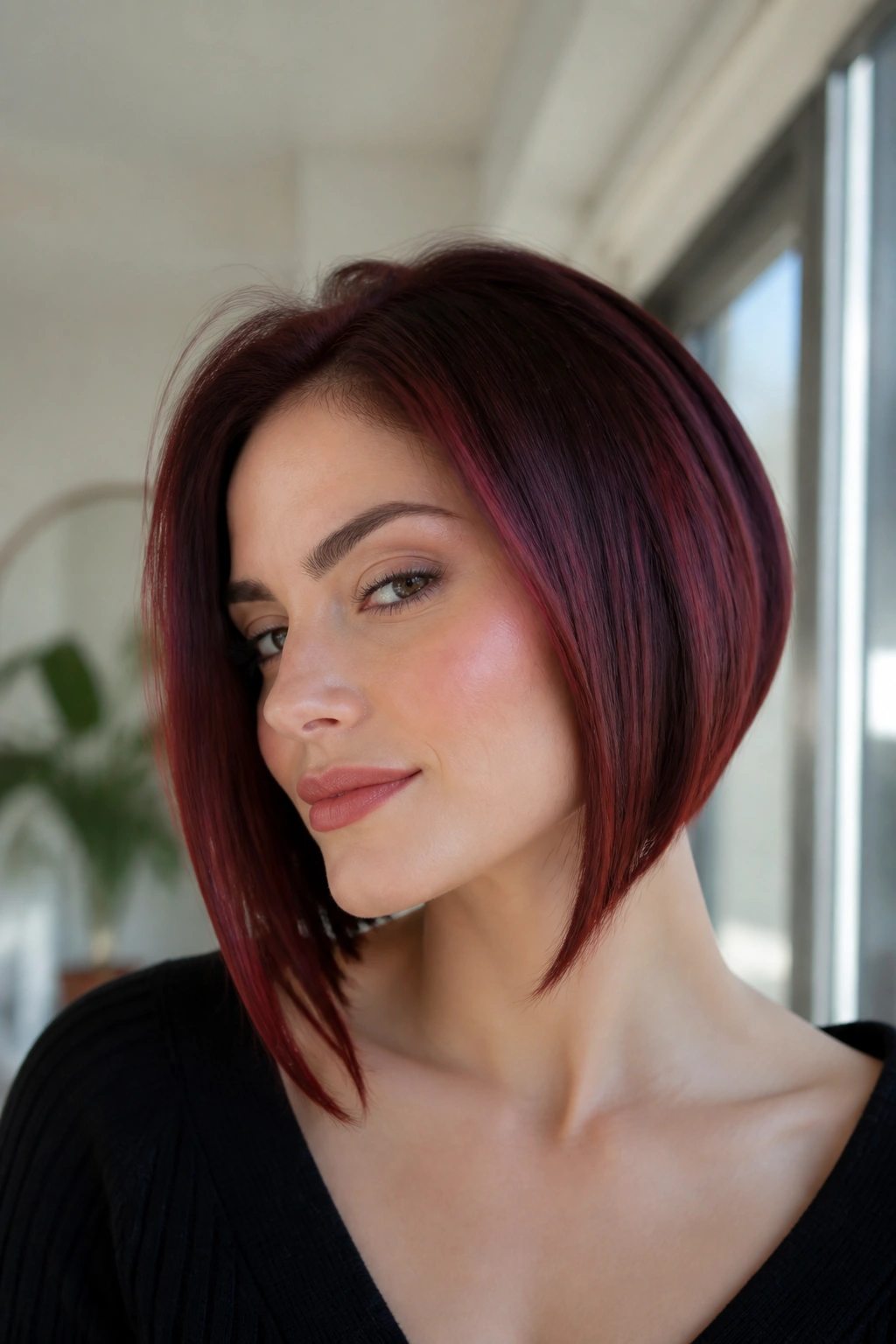 Woman with burgundy angled bob and defined jawline
