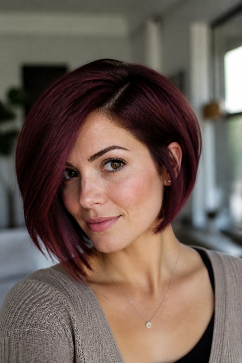 Real person with asymmetrical burgundy bob in cozy home setting