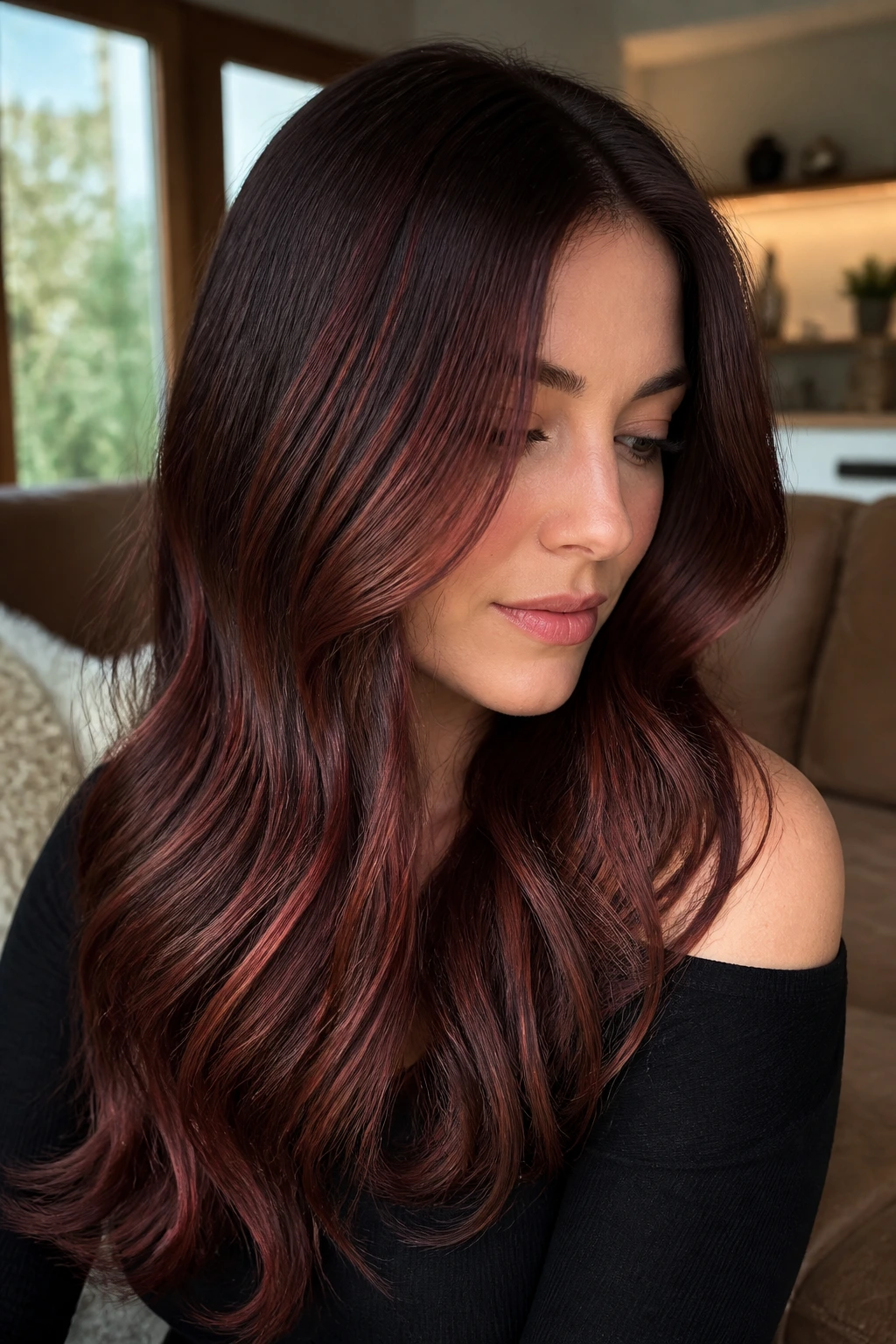 Close-up of burgundy-auburn balayage on cool dark brown hair