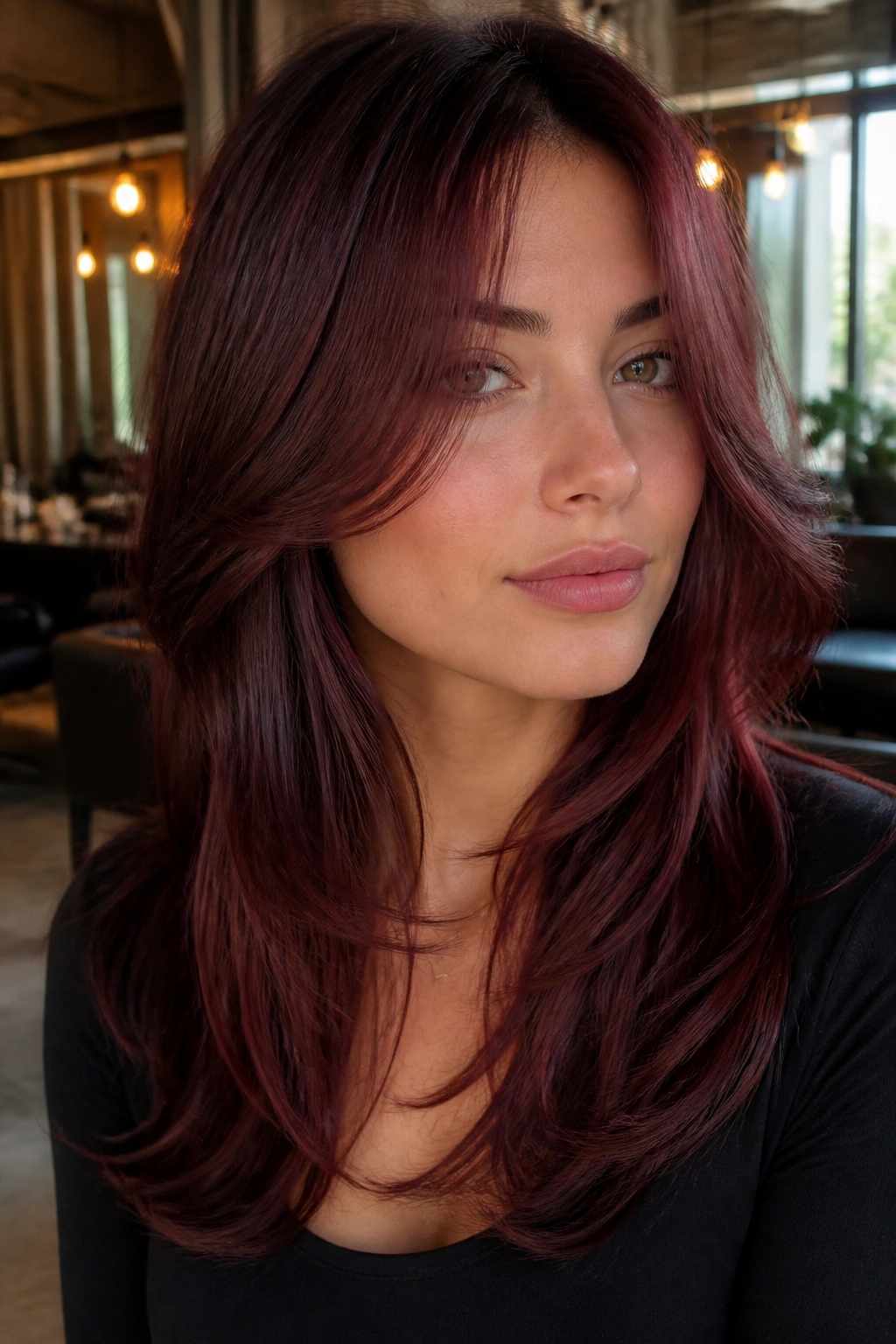 Close-up of a woman with burgundy auburn curtain layers framing her face.