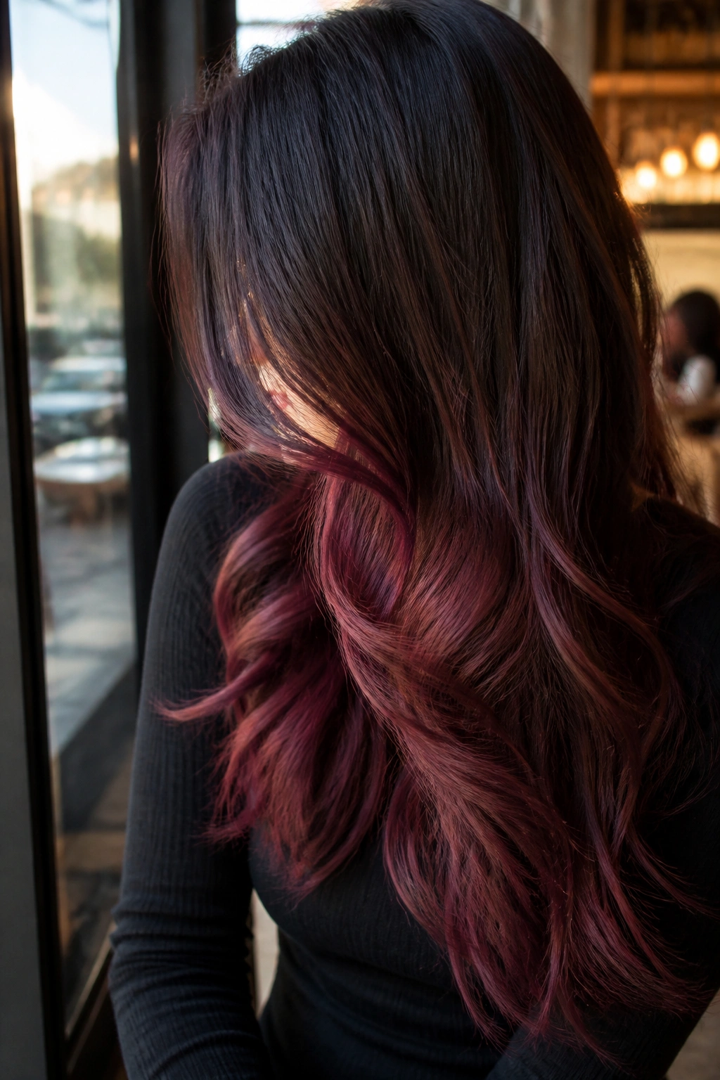 Real person with burgundy auburn ends in long hair.