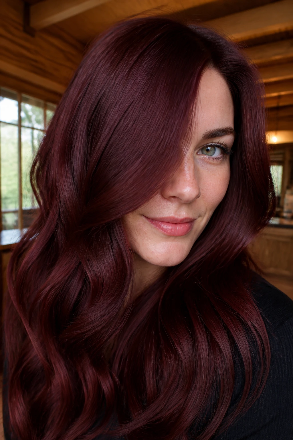 Close-up portrait of a real woman with deep burgundy auburn hair on cool skin tones