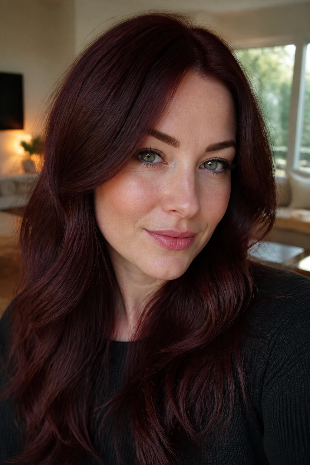 Close-up portrait of a woman with burgundy auburn hair in warm window light