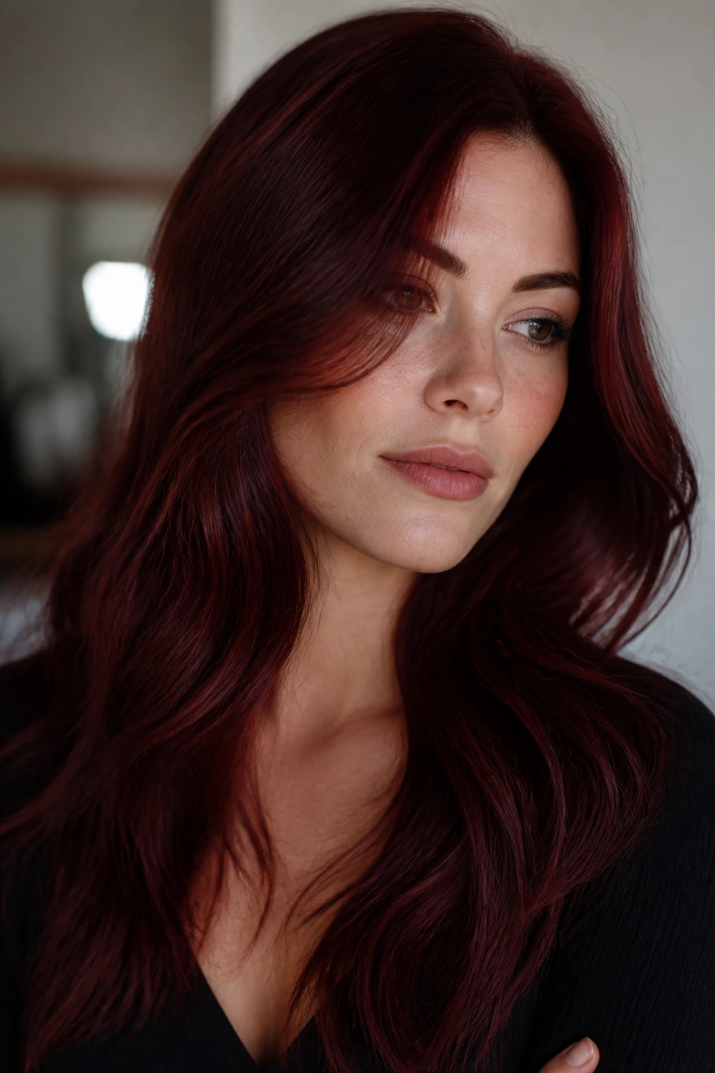 Close-up portrait of a person with burgundy auburn hair in a modern interior