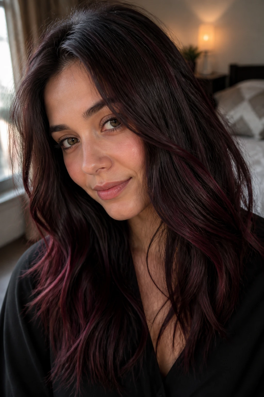 Close-up portrait of a real woman with dark chocolate brown hair and burgundy babylights in natural window light