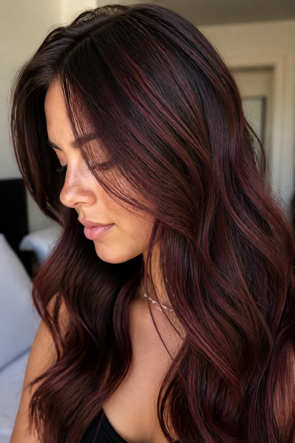Close-up of a real person with burgundy babylights in brown hair