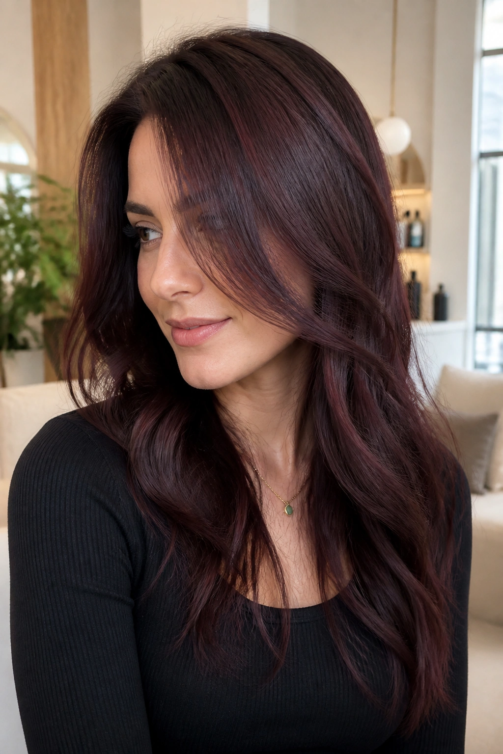 Close-up of burgundy babylights through chocolate hair in natural light.