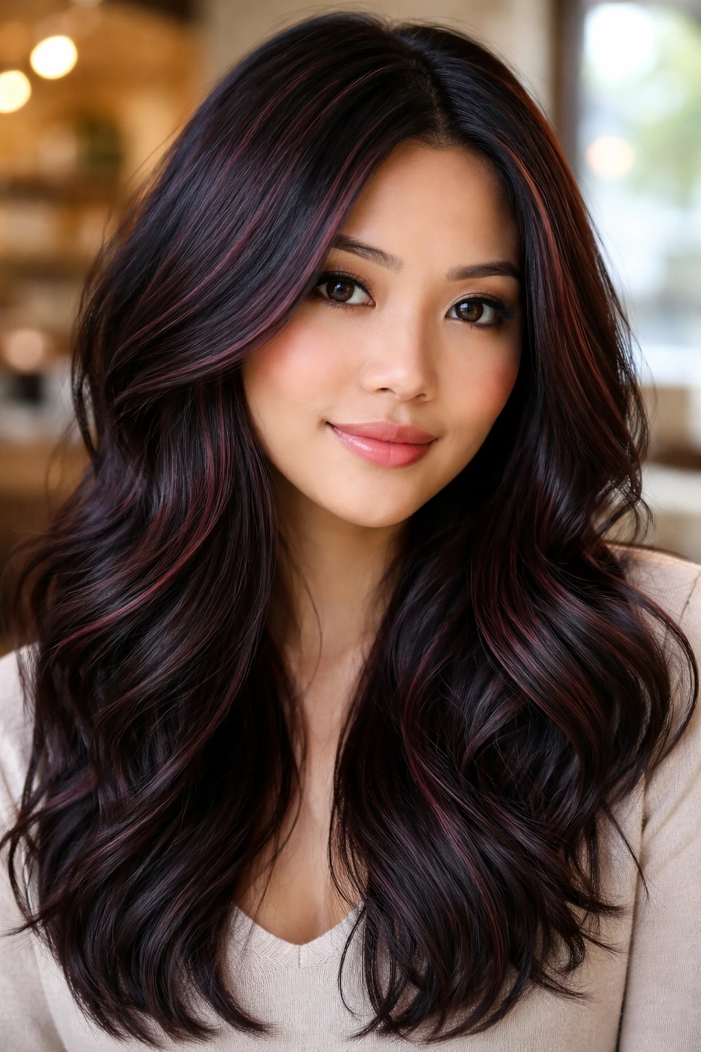 Close-up portrait of a real woman with subtle burgundy babylights