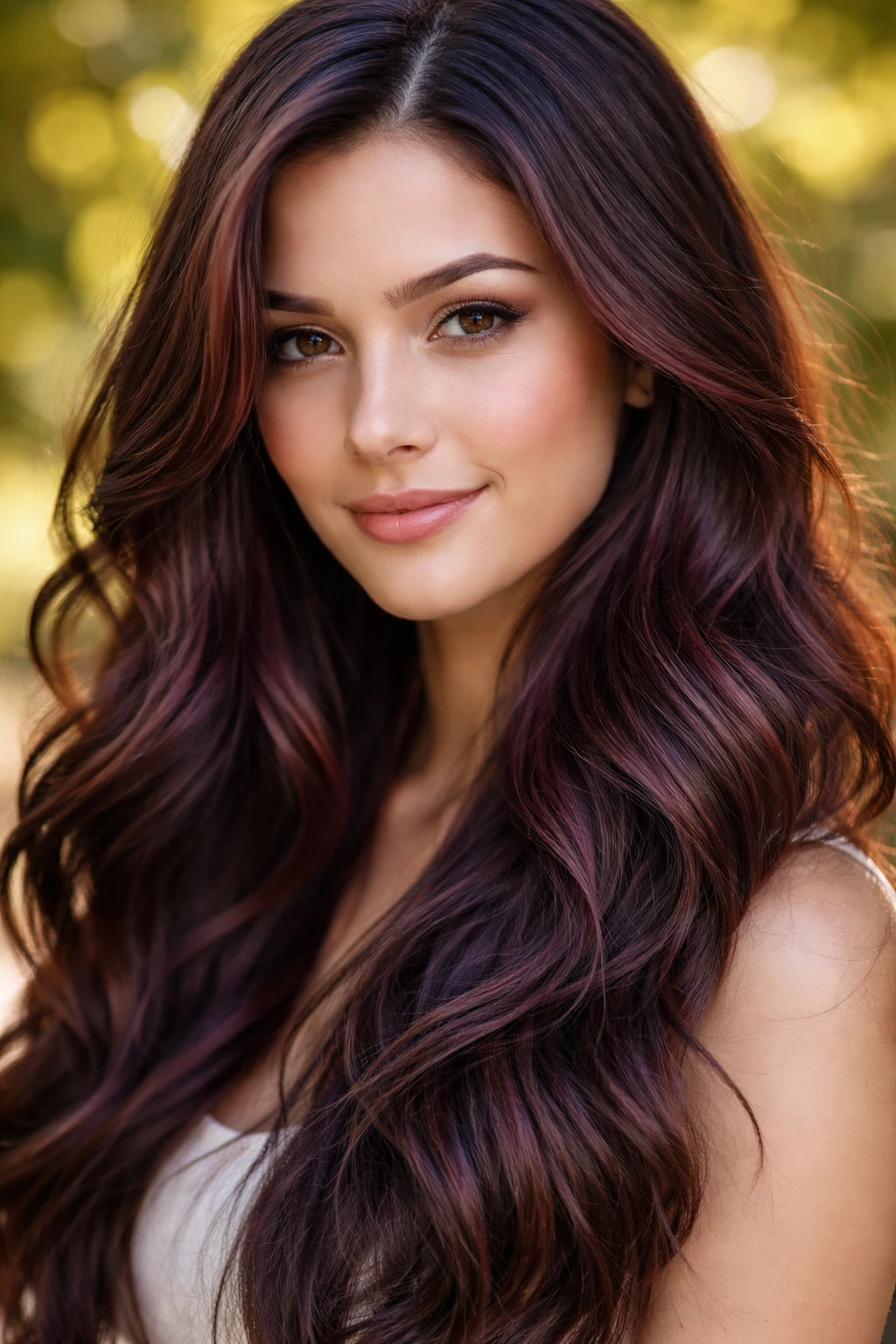 Close-up of a real woman with burgundy babylights on dark brown hair in sunlit outdoor setting