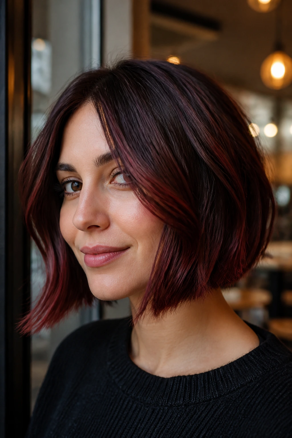 Close-up of burgundy balayage on a chin-length bob