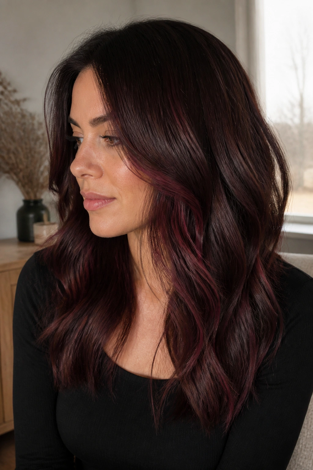 Close-up of a woman with burgundy balayage on brown hair, mid-lengths and ends
