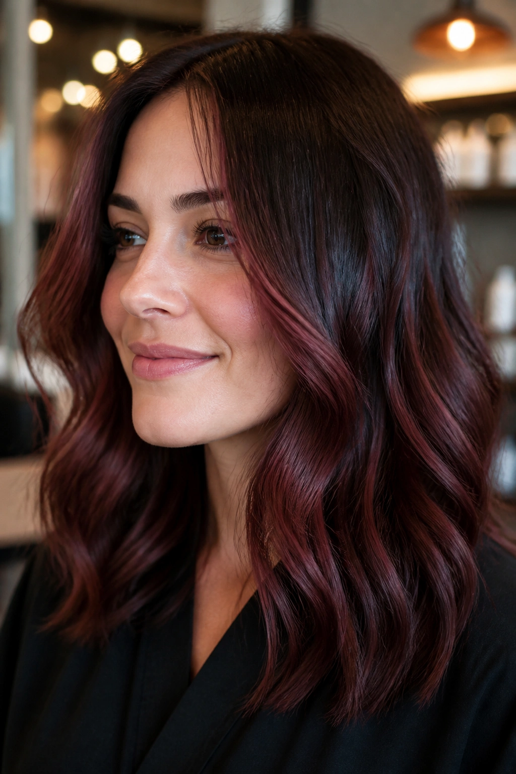 Portrait of a woman with burgundy balayage hair in a salon setting