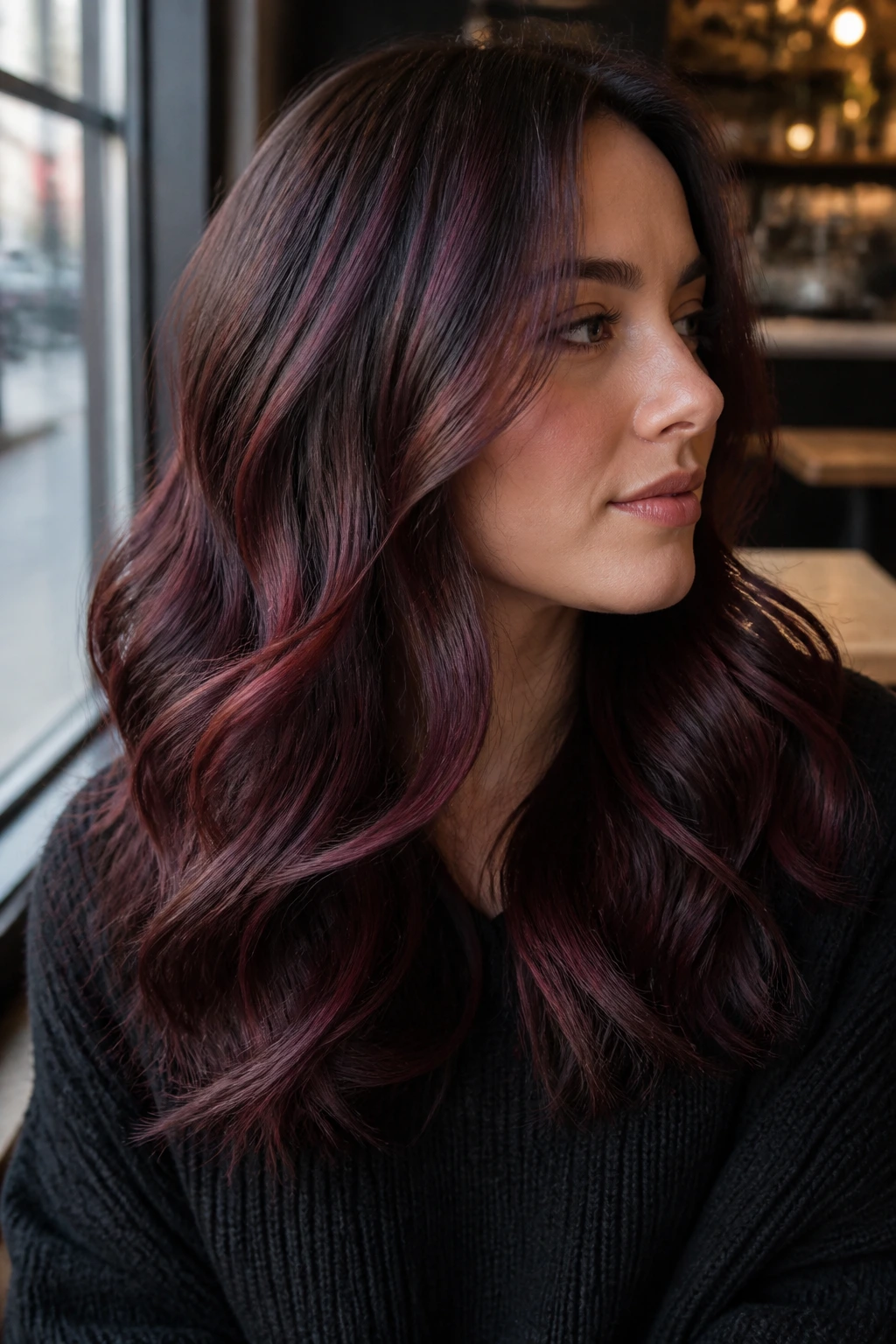 Close-up portrait of a real woman with burgundy balayage on brown hair