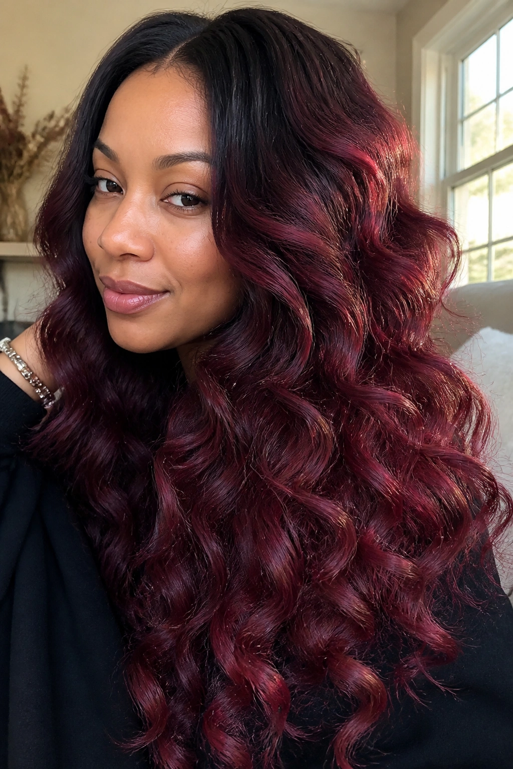 Close-up of a real woman showing burgundy balayage through waist-length curls.