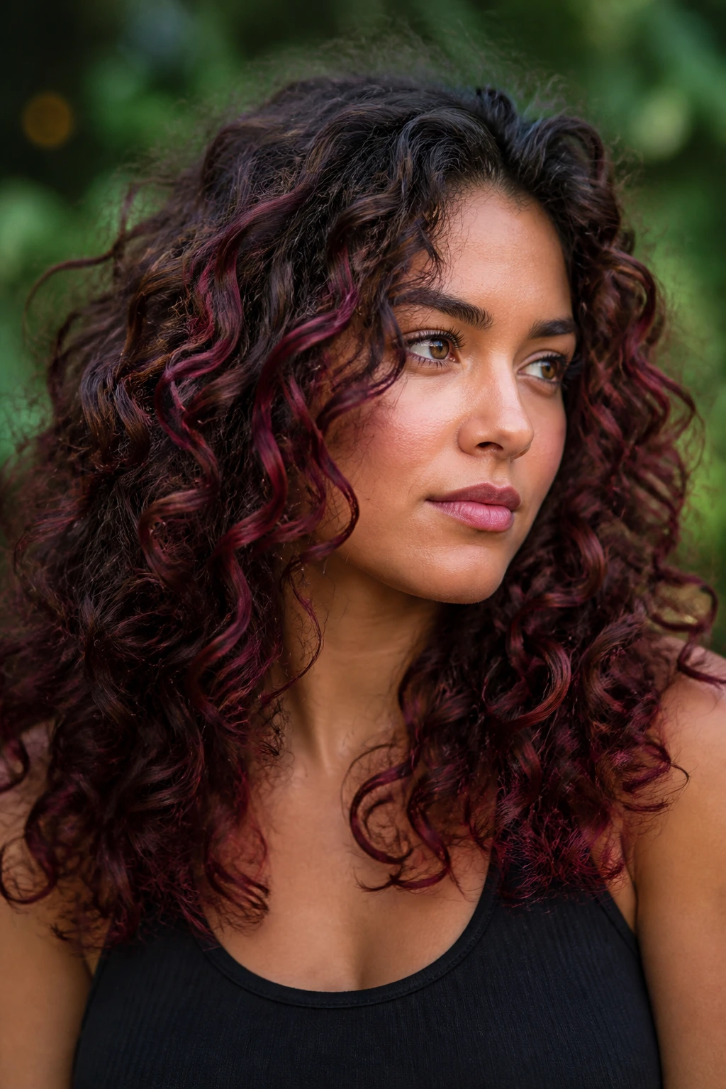 Close-up of burgundy balayage on curly brown hair with outer curl placement