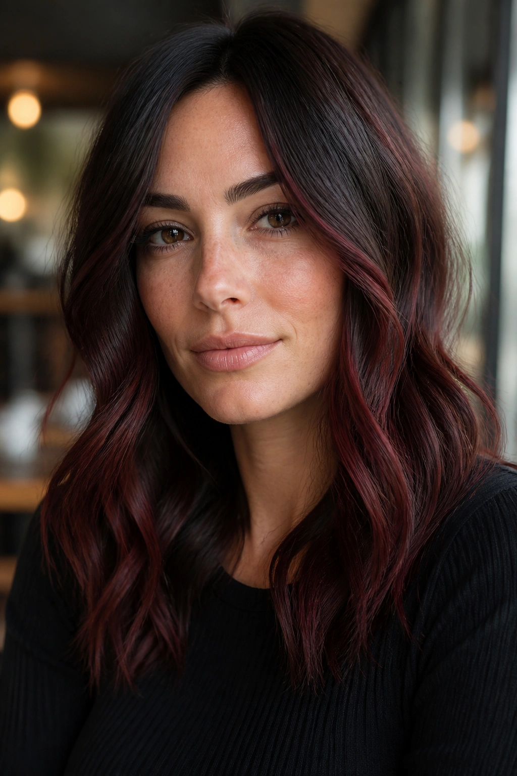 Close-up portrait of a woman with burgundy balayage on a deep brunette base
